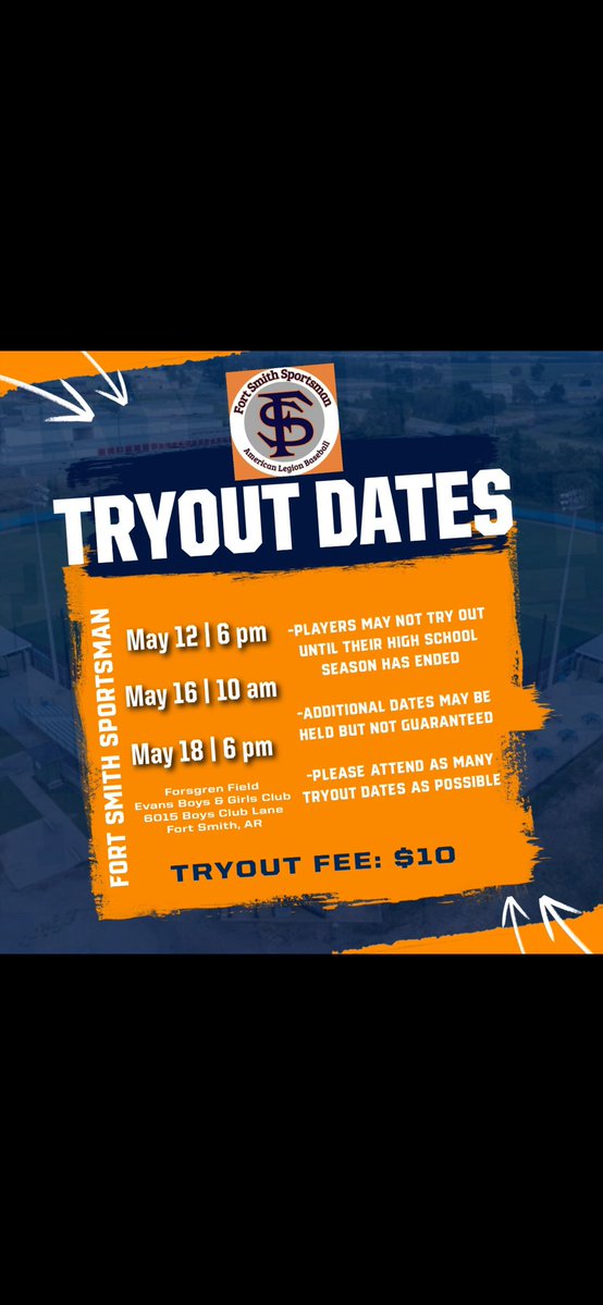 FSMSportsman's tweet photo. ATTENTION:
Tryout times Monday 5/18/26 at Forsgren Field at Evans Boys &amp; Girls Club:
5:30 - Birthdates 09, 10, 11
7:00 - Birthdates 07 &amp; 08.
If you can’t make your assigned time you may attend the other one. https://t.co/El6hpgldiU