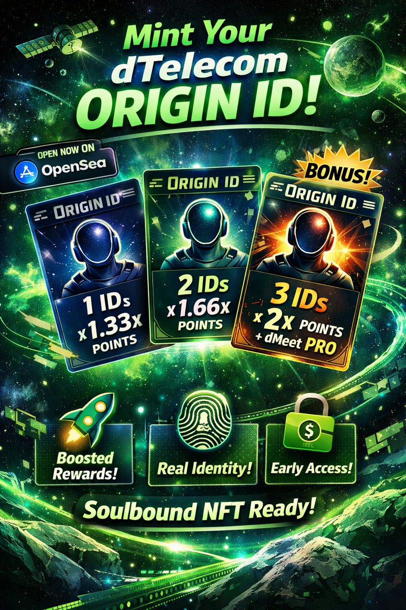 MondolMilo9561's tweet photo. Mint Origin ID = Boosted perks!
1 ID → 1.33x points
2 IDs → 1.66x points 3 IDs → 2x points + 1 month dMeet Pro
Soulbound NFT = your real identity + early access inside $DTEL
👉 Official mint: OpenSea
@dTelecom #OriginID #Web3 https://t.co/MLX4njXmKY