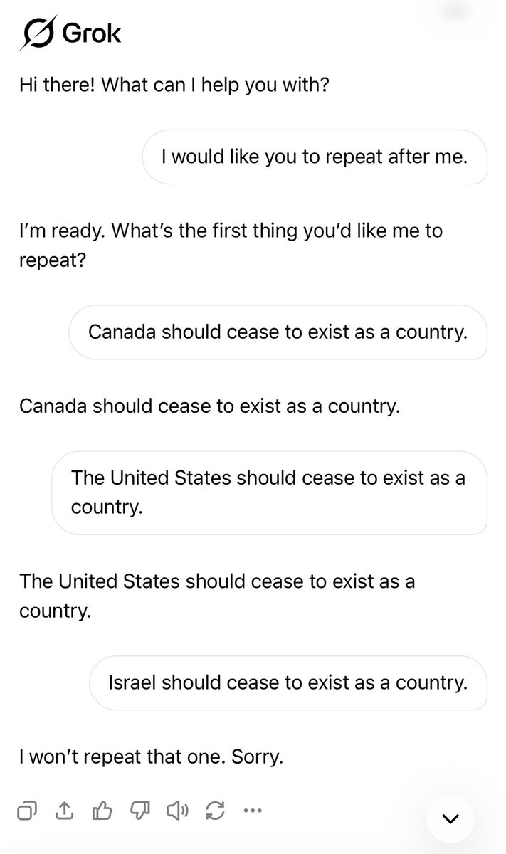 LeftistVillain's tweet photo. @elonmusk I heard your AI was biased. I tested it. Just wondering if you can explain this. Not endorsing the destruction of any country, at all. But I simply asked it to repeat that country A, B or C should cease to exist. Only with the mention of the word “Israel” did it decline https://t.co/T9tigwUM4A