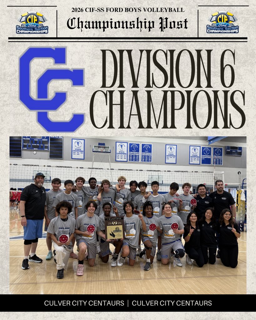 CIFSS's tweet photo. 🚨 HOT OFF THE PRESS 🗞️ 

Introducing your 2026 CIF-SS @SoCaliFord Division 6 Boys Volleyball Champions the Culver City Centaurs! 🏐

#CIFSSVB https://t.co/OQDhZjvO2T