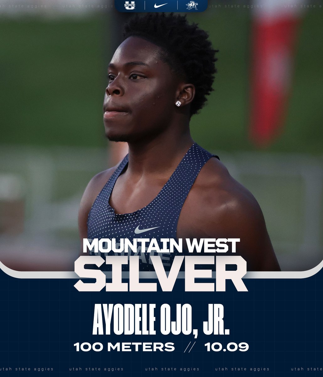 USUTF_XC's tweet photo. 🥈 SILVER AND A SCHOOL RECORD 🥈

Ayodele Ojo, Jr. sets the UTAH STATE RECORD in the 100 meters, winning silver at the MW Championships in 10.09 ⚡️

He broke All-American Nic Bowen's time of 10.13 from 2014 and came 0.004 seconds shy of gold

#AggiesAllTheWay #MWOTF https://t.co/1HkfNcDxo5