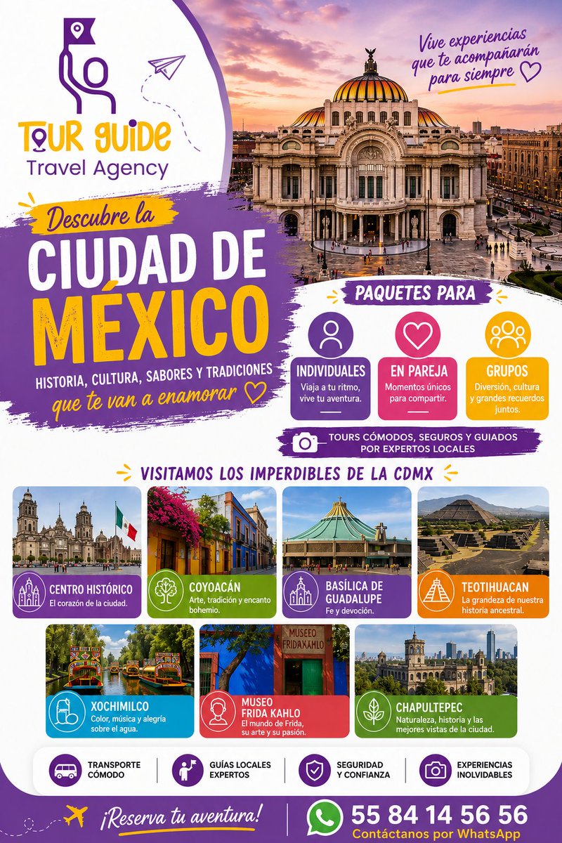 TourGuideMex's tweet photo. Bienvenidos a la #CDMX
Tenemos Tours, paquetes con hospedaje y recorridos.
Escríbenos y disfruta de la Ciudad de México con Tour Guide 🇲🇽💜✈️
WhatsApp https://t.co/PvxjyJKjNE https://t.co/tijm6VHOZo