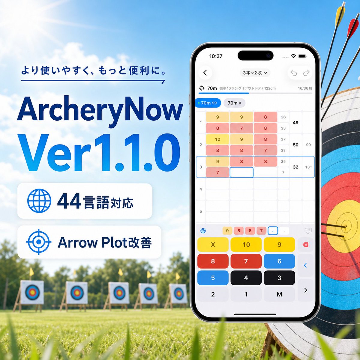 ArcheryNow's tweet photo. ArcheryNow Ver1.1.0リリースしました🏹 

・アプリ内表示が44言語に対応。
・プロットキーボードのタップの反応と結果画面を改善し、プロット位置やスコアの確認がより快適になりました🎯

#Archery #アーチェリー #ArcheryNow https://t.co/l20Y9TKas1