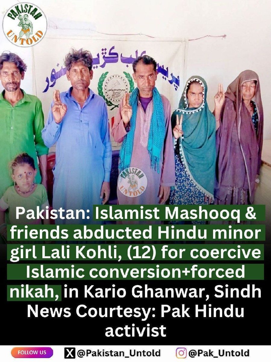 pakistan_untold's tweet photo. 12 yr old Pak Hindu child stolen, forcibly converted, and pushed into sexual slavery by Islamists.
Her childhood has been murdered, her tiny body sold into rape-marriage, her life destroyed forever - all in the name of Islam. https://t.co/KSt07VvLWH