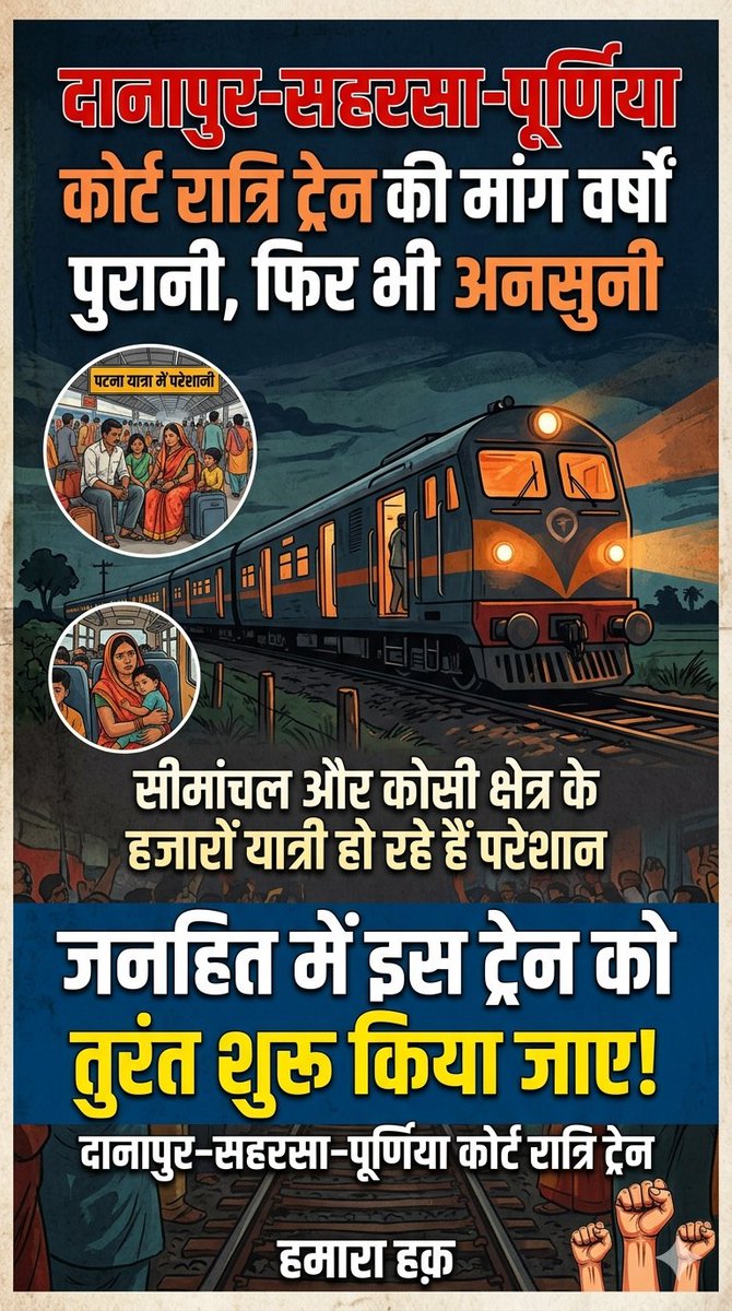 railmadhepura's tweet photo. @RailMinIndia  @drmdnr @spjdivn दानापुर–सहरसा–पूर्णिया कोर्ट रात्रि ट्रेन की मांग वर्षों पुरानी है, लेकिन अब तक इसे शुरू नहीं किया गया। सीमांचल और कोसी क्षेत्र के हजारों यात्रियों को पटना यात्रा के लिए भारी परेशानी उठानी पड़ रही है। जनहित में इस ट्रेन को जल्द शुरू किया जाए। https://t.co/wBHrR8FQVk