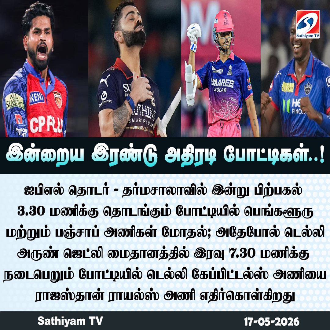 sathiyamnews's tweet photo. ஐபிஎல் தொடரில் இன்றைய இரண்டு போட்டிகள்
#IPL2026 #PBKS #RCB #DC #RR #pbksvsrcb #dcvsrr #todayiplmatch #sathiyamnews #sathiyamtv https://t.co/Y9g99AZJCd