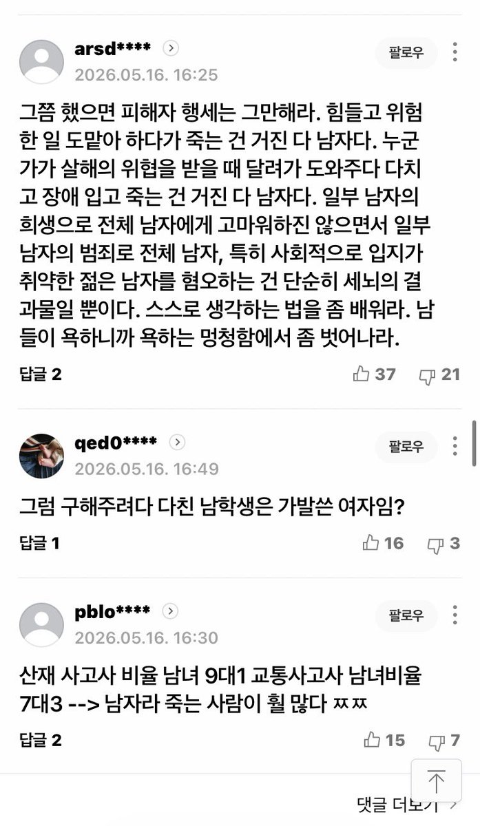 jenny01261's tweet photo. ‘여성혐오 범죄’를 재판부에서 인정하지 않고 ‘묻지마 범죄’로 부르는 이유가 도대체 뭘까?

2025년 한 해에만 친밀한 관계의 남성에게 살해되거나 살해 위협을 당한 여성이 최소 389명. 
22.5시간마다 한 명꼴로 여성들이 죽어갔음.

일면식 없는 남성이 여성을 살해하는 사건은 적어도 3.98일에 한 번 일어났음. 가해자들이 직접 밝힌 이유: "나를 무시하는 것 같아서", "나와 성관계를 해주지 않아서", "기분이 나빠서", "그냥"....

'여성이라서' 살해당한 이들이 너무 많음. 10년 전 강남역, 2022년 '부산 돌려차기' 사건, 2023년 신림 등산로 성폭행 살해사건, 2025년 미아역 마트 흉기 난동 사건, 올해 광주 여고생 살해사건까지…

여성들은 이미 분노하고 청원하면서 실질적으로 여성을 보호하고 예방 방안을 마련하기 위해 애쓰고 있는데 댓글에 24시��� 붙어 살다시피 하는 알바들은 말도 안되는 트집 잡으면서 사회에 도움이 되기는커녕 방해나 하고있���.

출처: 여성신문

내가 누누이 말했지, 여성들은 스스로를 구하고 남도 끌어올리는데 저들은 남을 자기 수준으로 끌어내리고 같이 진흙탕에서 구르려 한다고.

자기를 지키지 못하게 방해하고 피해자를 탓하는 것들은 남들을 노예처럼 살라고 하는 거나 마찬가지니 먼저 모범을 보여서 노예 신조 같은거나 만들어서 읊어나 봐라. ‘나는 벌레같은 존재이므로 누가 내 신체주권을 훼손하여 밟아도 꿈틀조차 하지 않겠습니다’. 이게 니들 삶의 태도잖아.
