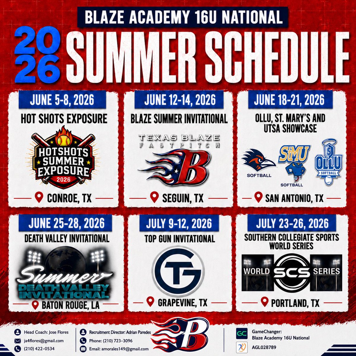 LAWilkerson95's tweet photo. Summer 2026 schedule! @s3baseball_ @kelly_hirlas @BlazeAcademy16u @Buffs_Softball @coachjose_flo4 https://t.co/e1Wn6KAYy9