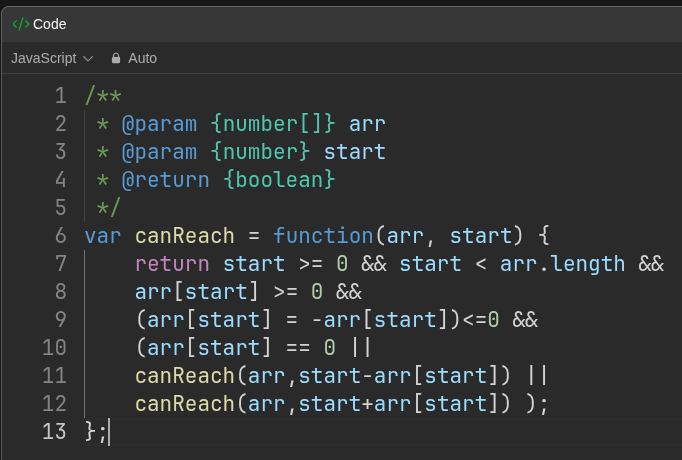 DevGod9's tweet photo. #LeetCode 1306 Jump Game 3 recursive depth first search DFS one liner marking visited jumped to indices as negative for prev visit checks, bounds check to make sure I don't jump outside the given array lmao, and returning the reachability of zero for given start indices #JS https://t.co/0xmuwj830r