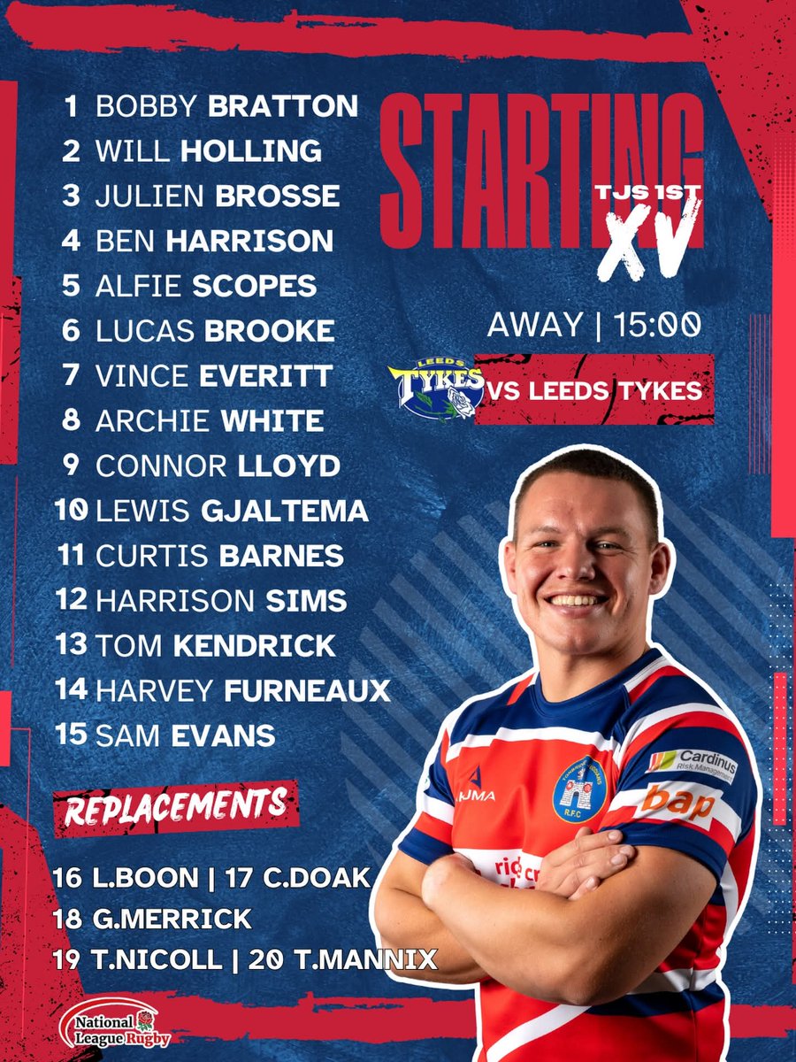 Tjsfanspage_'s tweet photo. 🔴🔵⚪️ Here’s the 1XV to head to Leeds this weekend

🏉 Away vs @leedstykes 
🕒 3:00pm Kick off https://t.co/z5mdvrpNFG
