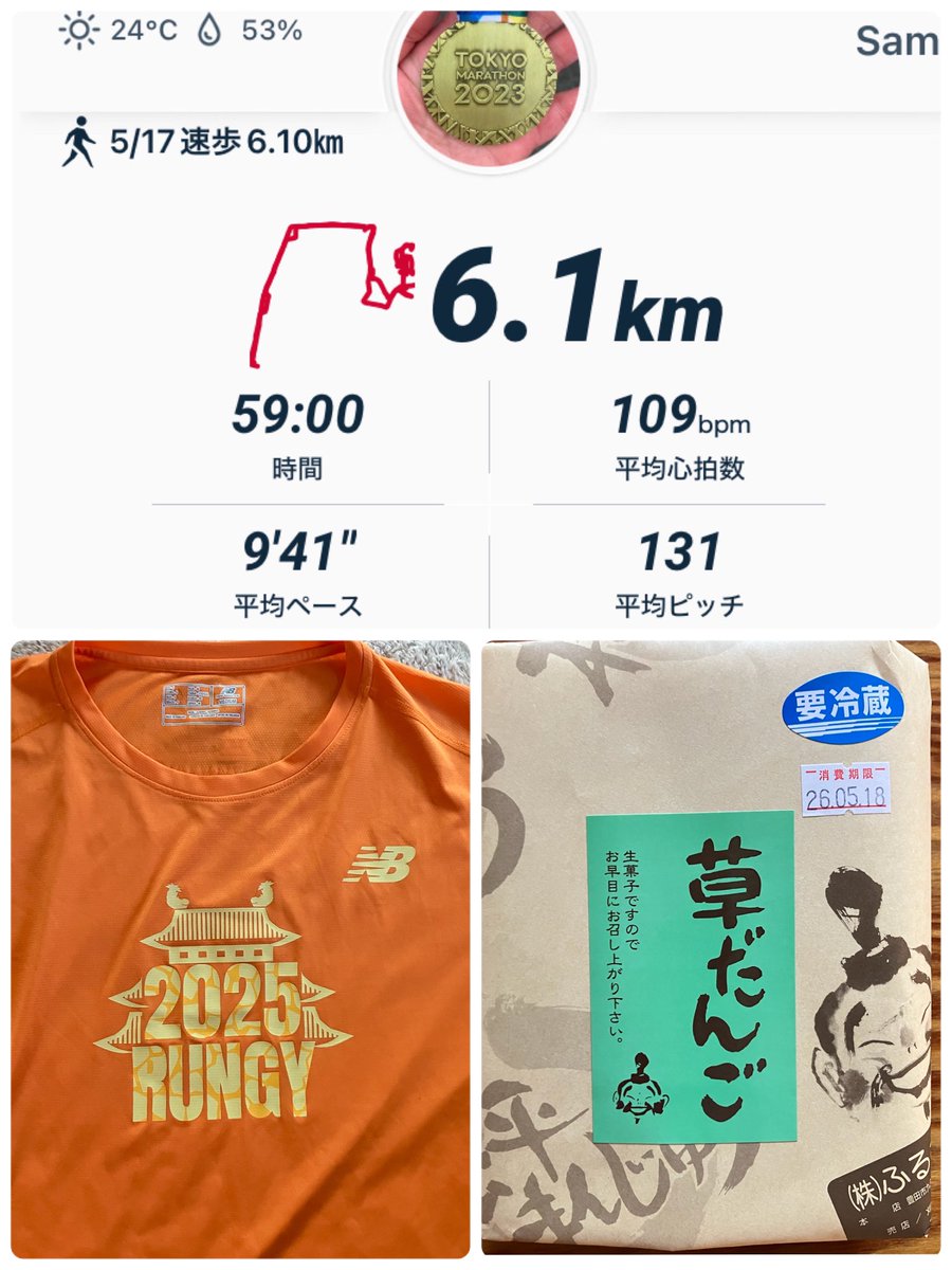 samiku75's tweet photo. 9:54スタート速歩6.1㎞🚶

小走り200m×8セット含む🏃

今朝はサンデーモーニングのスポーツコーナーで選手の頑張りにエールを貰ってからスタート▶️

軽くて着やすい名古屋シティマラソン2025のTシャツを着用🎽

速歩後は「松平まんじゅう草だんご」でリカバリーをしました🍡 https://t.co/VvwoNyUZeS