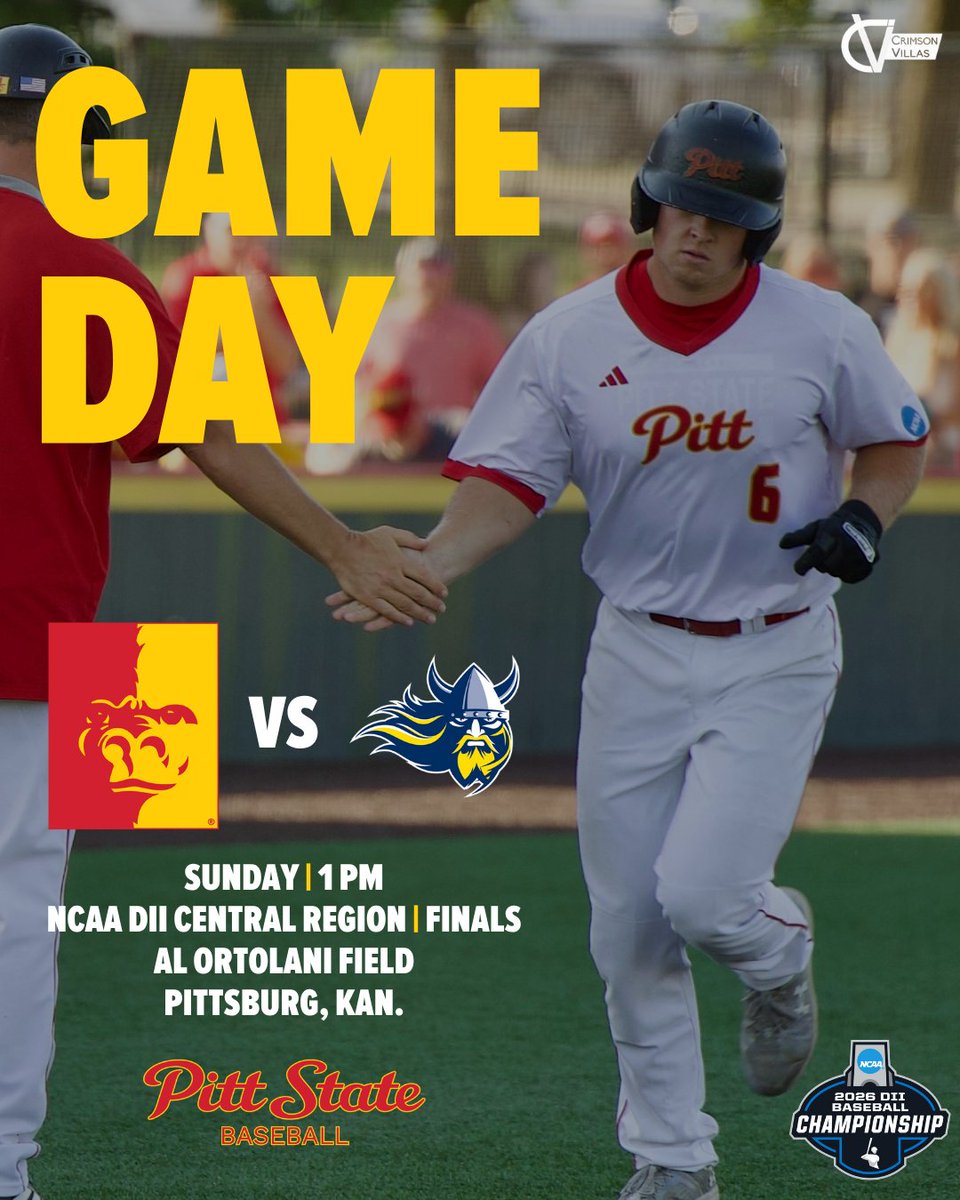 PittStGorillas's tweet photo. GAMEDAY IN PITTSBURG‼️

Pitt State Baseball hosts Augustana with the winner advancing to the NCAA Division II Super Regional round 🦍⚾️

First pitch is at 1 PM at Al Ortolani Field in Pittsburg.

@GorillasBSB|@pittstate https://t.co/fQJC93Twqh