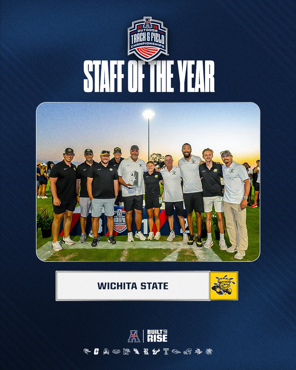 American_Conf's tweet photo. Men’s Coaching Staff of the Year 🏃‍♂️ 🏆

Wichita State x @GoShockersTFXC 🌾

#BuiltToRise x #AmericanOTF https://t.co/HHyfVgJPWU