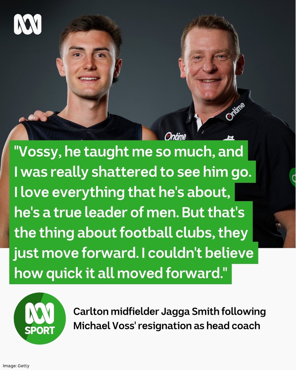 abcsport's tweet photo. "I was shattered ... But that's the thing about football clubs, they just move forward."

Speaking to us on AFL Sunday, Jagga Smith was full of praise for Michael Voss after the former Carlton coach's resignation this week 🤝

📻📱 Hear the #AFL live and ad-free on ABC listen: https://t.co/UUIIDPDjKJ