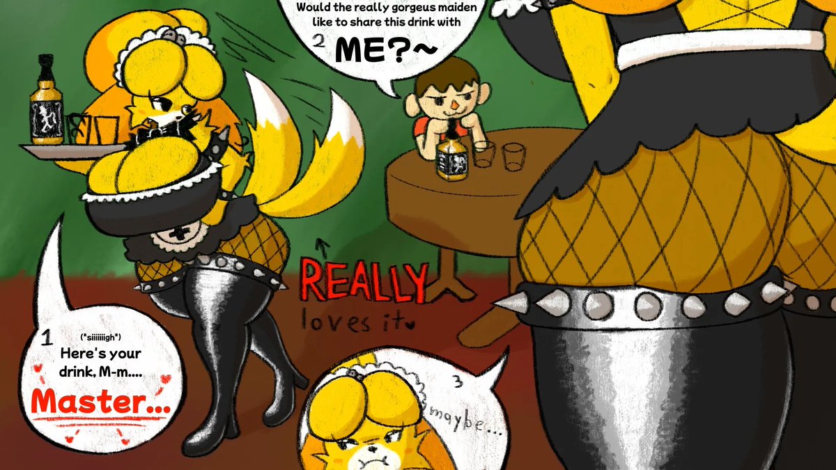 bimiarts's tweet photo. She really can't hide her excitement anymore lol...  

Comic made as part of a Goth maid event on some hispanic discord server :p.  

#furry #furryart #art #animalcrossing #isabelle #goth #maid #idk https://t.co/Ao2x5Ns8jB