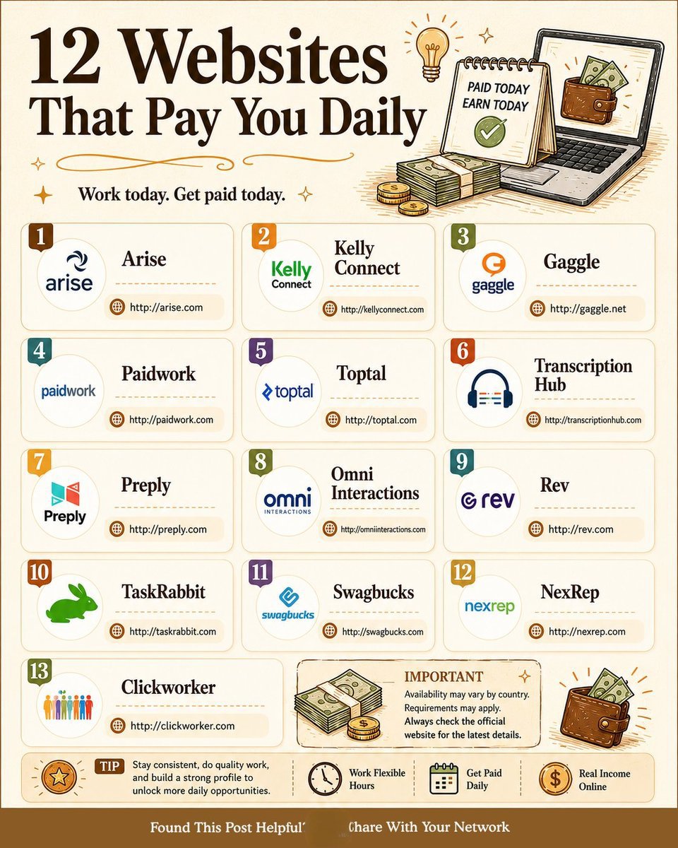 KhusbooT14835's tweet photo. 12 Websites that pay you daily

1. https://t.co/6w2o9Q6Phk

2. https://t.co/XuJwG1ueHt

3. https://t.co/JHNeeUAq6u

4. https://t.co/QyxV0S000v

5. https://t.co/UjpMg2xZdV

6. https://t.co/aNPEOlgnCN

7. https://t.co/sSR9i5Wuvc

8. https://t.co/JnjJc71jel

9. https://t.co/9PCbMfEEnb

10. https://t.co/P2fwIsxMjk

11. https://t.co/zqf8QW5PLs

12. https://t.co/ZMInHiaCOz

13. https://t.co/mfnkpt5zse

Follow me @KhusbooT14835 for more AI IDEA.

Like , Comment - "Websites" and repost so that others can also take benefits !!