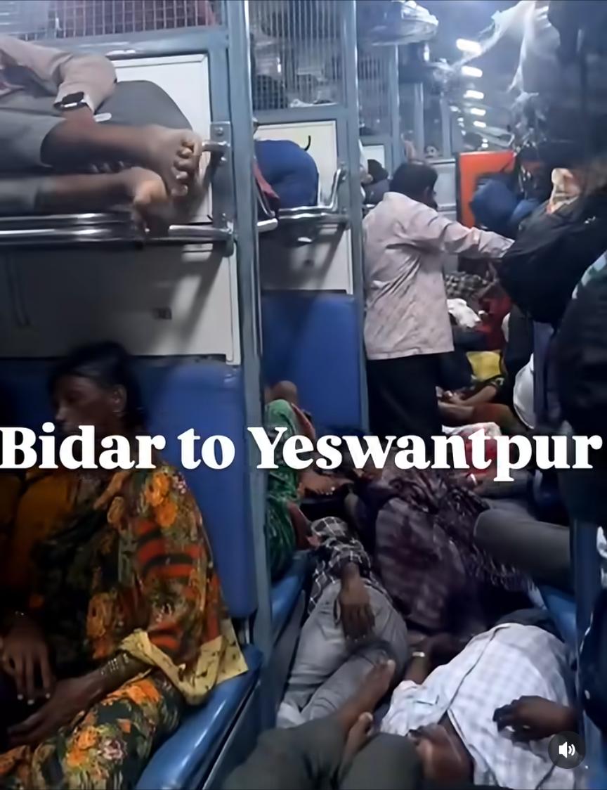 Shrihogtapur's tweet photo. @bidarupdates @RailMinIndia @SagarKhandre12 @AshwiniVaishnaw 
1. Tatkal doesn't work
2. Seats sell out 30 dys prior
3. Seating capacity so less
4. Safety questionable
5. Villages in Bidar are empty for Bengaluru's development
6. Yet people' struggle continues for 14-16 hours. https://t.co/0pGxUE3Faf