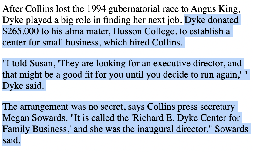 CollinsWatch's tweet photo. In 1994/1995 -- when Susan Collins was about the same age Graham Platner is now -- an assault gun manufacturer created a job for her to funnel $$$ her way until her next race.

That count as working class?

(She later voted to prohibit lawsuits against gun companies.) #MEpolitics https://t.co/lcDlwICqhB