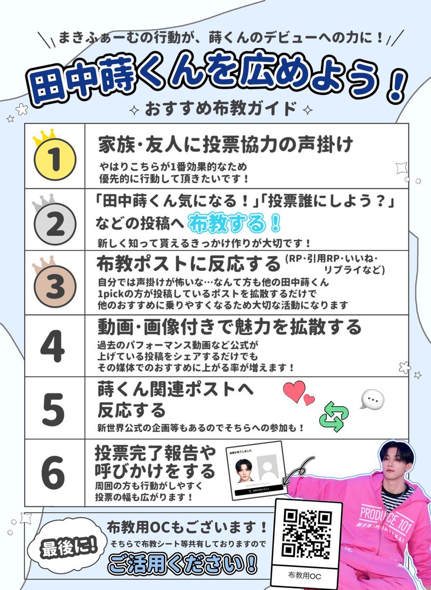 tanaka_makifd's tweet photo. 蒔くんを次に進め、デビューさせるには、
＼＼まきふぁーむの団結／／が重要です！

現在、布教を頑張ってくださっている方はいらっしゃいますが、まだまだ「数」が足りておりません🚨

このままでは、蒔くんは次に進むことができません。

「自分から布教ポストをするのは抵抗がある…」という方も、まずは布教ポストへの反応から始めてみませんか？💙

1人の力だけでは届かなくても、まきふぁーむ全員で動けば、必ず大きな力になります🔥

蒔くんをデビューへ連れて行くため、皆さまのお力を貸してください

#田中蒔 #蒔に託した私たちの夢のkey
#PRODUCE101JAPAN新世界 
#日プ新世界 #101SHINSEKAI
