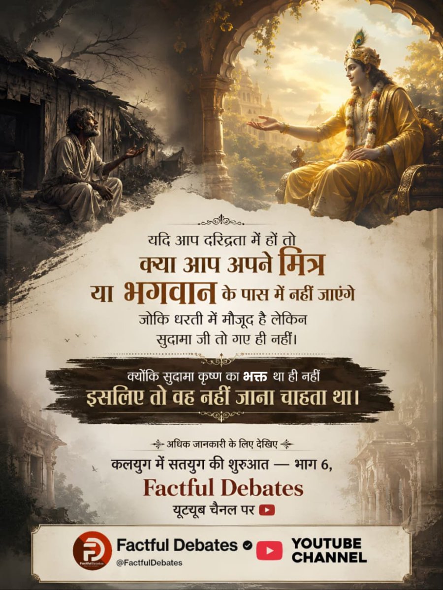_gaurav2008's tweet photo. #सुदामा_कृष्णजीके_भक्त_नहींथे
यदि आप दरिद्रता में हों तो क्या आप अपने मित्र या भगवान के पास में नहीं जाएंगे जोकि धरती में मौजूद है लेकिन सुदामा जी तो गए ही नहीं। क्योंकि सुदामा कृष्ण का भक्त था ही नहीं इसलिए तो वह नहीं जाना चाहता था। https://t.co/o8dTBEVDjq