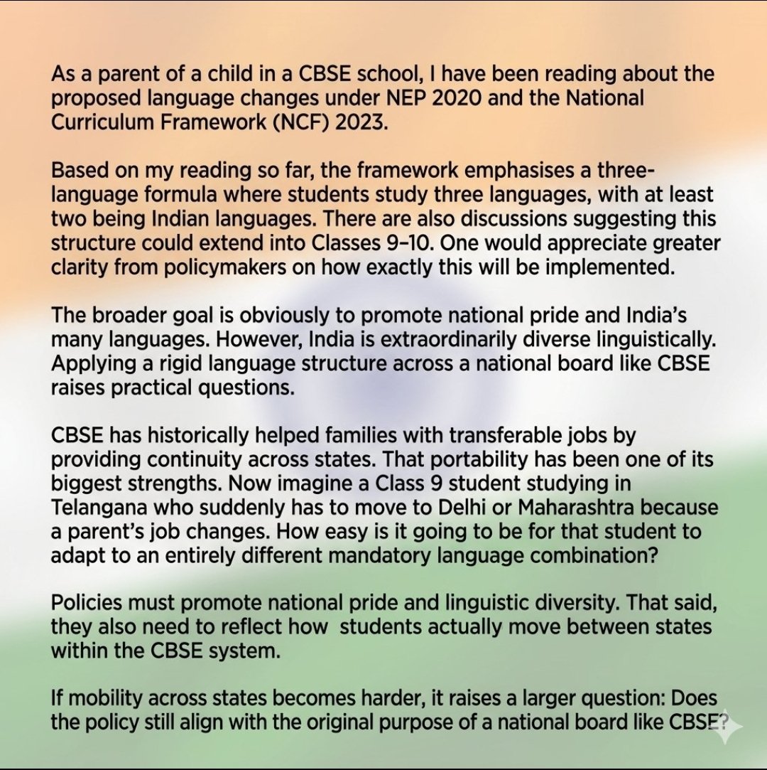 soniadang's tweet photo. CBSE already follows the three-language formula, and the new policy only adds flexibility.
But do schools actually have the infrastructure to offer multiple languages properly?
If not, will parents end up arranging language learning outside school?
Has this been factored in? https://t.co/CfRK0vdeJq