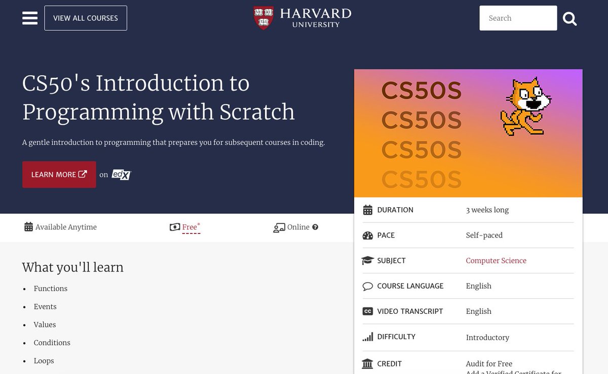 cyrilXBT's tweet photo. HARVARD UNIVERSITY JUST MADE 16 OF ITS MOST VALUABLE COURSES FREE THIS SUMMER.

No payment. No application. No waitlist.

Just register and start learning.

The same CS50 curriculum that has produced engineers at Google, Meta, and Anthropic is now available to anyone with an internet connection at zero cost.

Here is every course and why each one matters:

1. CS50 Introduction to Programming with Scratch
The welcoming first step into coding that builds the mindset and fundamentals. Built for people who have never written a line of code in their life.
https://t.co/ab7GX7iGaa

2. CS50: A First Look at Computer Science
How computer scientists actually think. Hands-on dive into writing real code from day one.
https://t.co/E8NMXN6Nna

3. CS50 Web Programming with Python and JavaScript
Build real web applications from the ground up. Python, JavaScript, SQL, Django, React, and Bootstrap. Actual production skills.
https://t.co/typUQaFps3

4. CS50 Introduction to Artificial Intelligence with Python
The clearest beginner-friendly path into AI. Build real machine learning projects in Python from the first week.
https://t.co/RjZTVYo943

5. CS50 for Lawyers
Harvard's famous CS50 retooled specifically for attorneys and law students. Practical computer science with zero filler.
https://t.co/BUFBe1e2wm

The CS50 series alone has produced more working developers than most $15,000 bootcamps.

David Malan has been teaching this material at Harvard for 20 years.

The production quality of every lecture is higher than anything on Udemy or Coursera.

The certificate you earn at the end is from Harvard.

Not a third-party provider that licensed the Harvard name.

Harvard.

The people who complete the AI with Python course this summer will enter the job market in September with skills companies are actively hiring for right now at $80,000 to $150,000 a year.

The people who save this and never register will be in exactly the same position in September as they are today.

Zero cost.

Zero excuse.

16 courses from one of the most respected universities on earth.

Register before the summer session closes.

Bookmark this before you pay for another online course.

Follow @cyrilXBT for every free elite education resource the moment it surfaces.