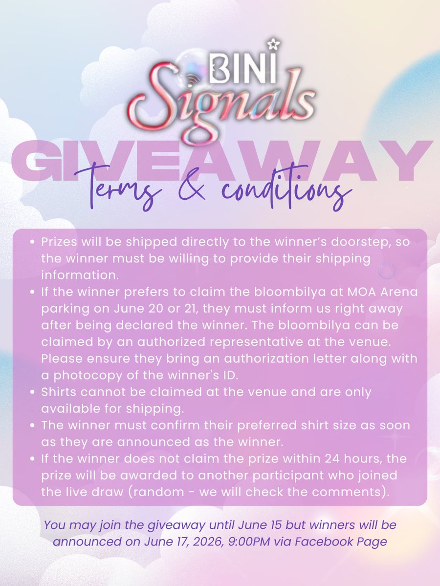 jandlcarpool's tweet photo. BINI SIGNALS <IN MANILA> GIVEAWAY 🌸

*Heart and repost this
*Follow the social media accounts stated
*Repost this: https://t.co/wJjuuMcwJH
*Reply “done”

Check photos for the prizes and t&amp;cs ✨

#BINI #BINI_SIGNALS_WORLDTOUR_2026 #BINI_SIGNALS_TOUR https://t.co/sTcARQw8XY