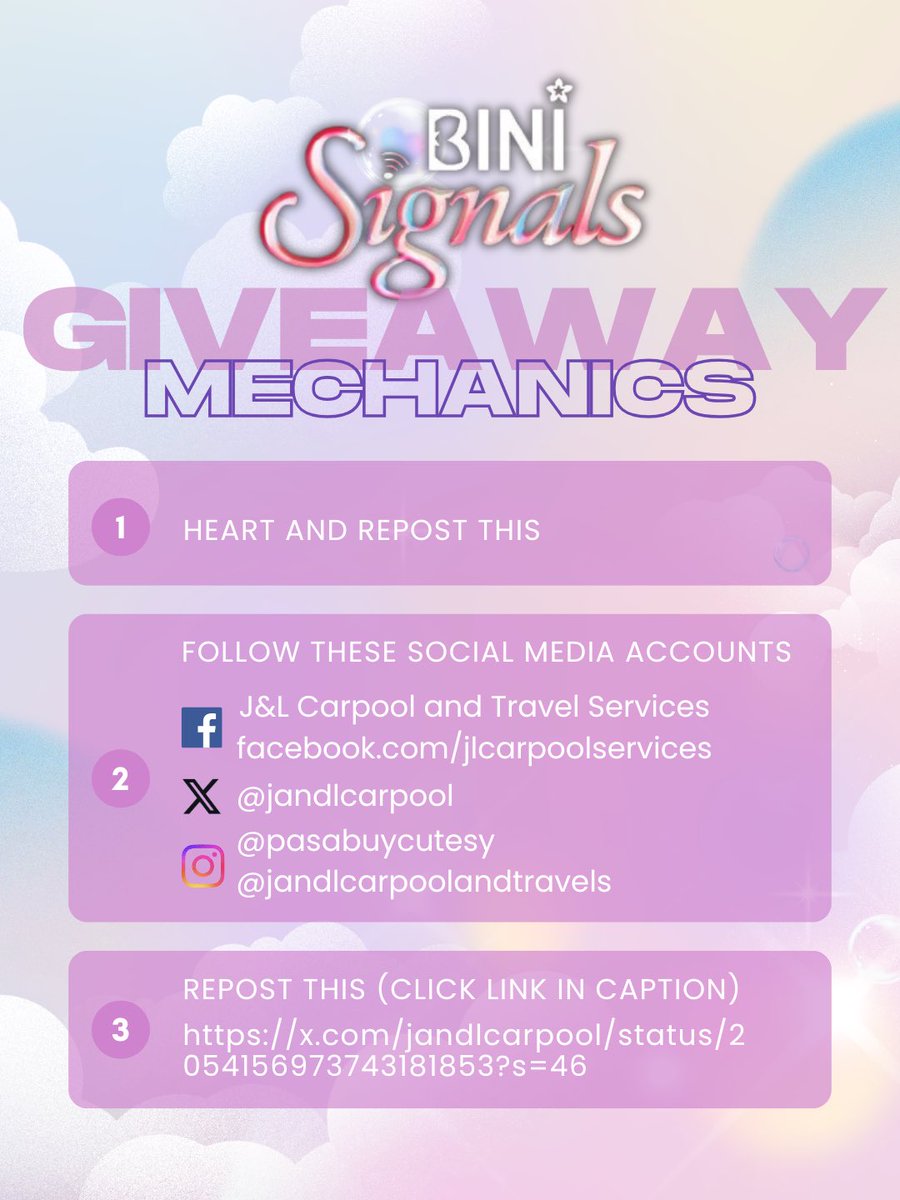 jandlcarpool's tweet photo. BINI SIGNALS <IN MANILA> GIVEAWAY 🌸

*Heart and repost this
*Follow the social media accounts stated
*Repost this: https://t.co/wJjuuMcwJH
*Reply “done”

Check photos for the prizes and t&amp;cs ✨

#BINI #BINI_SIGNALS_WORLDTOUR_2026 #BINI_SIGNALS_TOUR https://t.co/sTcARQw8XY