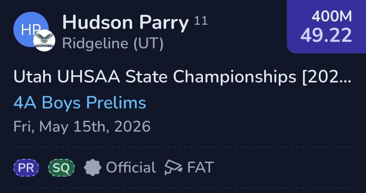 Hudson_Parry28's tweet photo. Medaled in the 100, 200, and 400 at State!!

Season PRs
100m - 10.85
200m - 21.94
400m - 49.22
4x100 - 42.95

@RidgelineFB https://t.co/zXPQGsukrJ