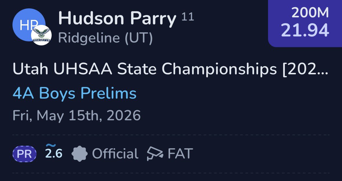 Hudson_Parry28's tweet photo. Medaled in the 100, 200, and 400 at State!!

Season PRs
100m - 10.85
200m - 21.94
400m - 49.22
4x100 - 42.95

@RidgelineFB https://t.co/zXPQGsukrJ