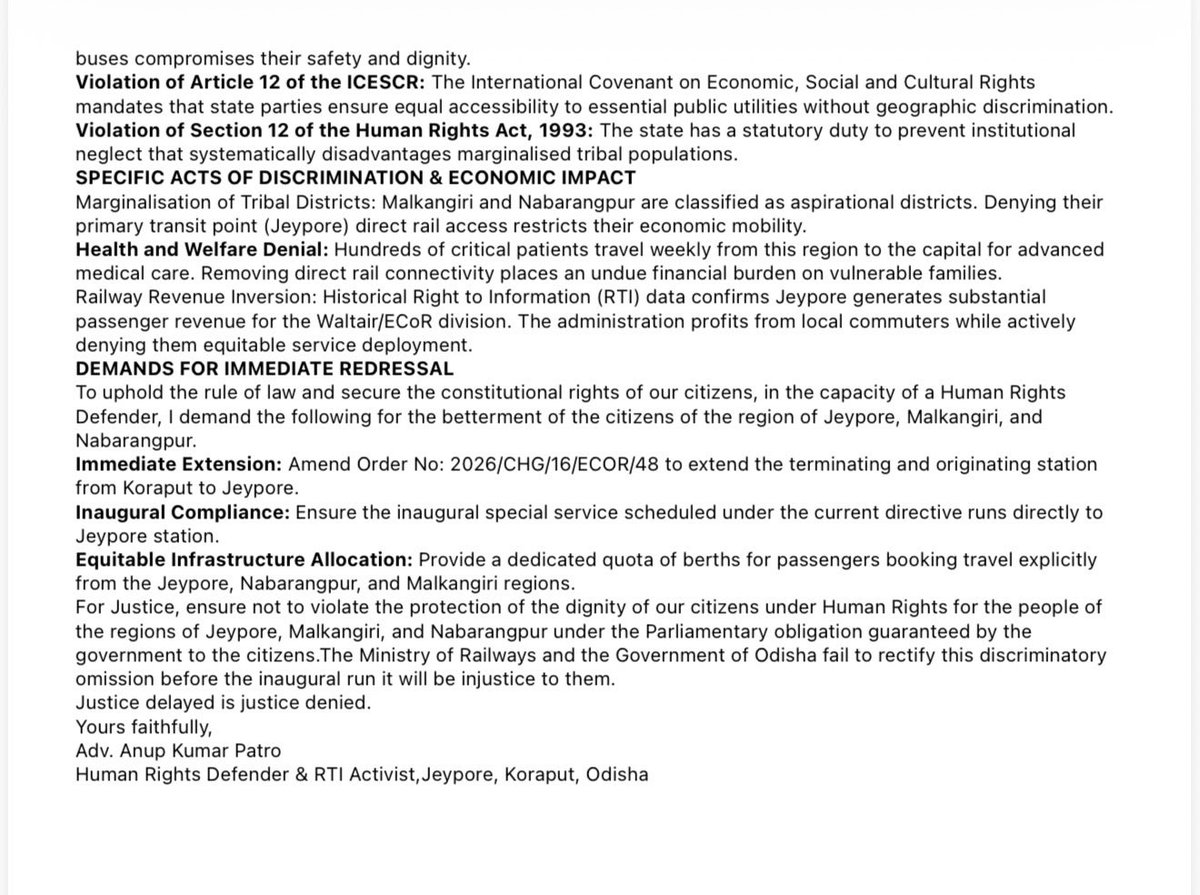 patro_anup's tweet photo. @AshwiniVaishnaw @GovernorOdisha @CMO_Odisha @SecyChief @koraputdm Severe Violation of Human Rights, Citizen Dignity, &amp;Systematic Discrimination
Against the Citizens of Jeypore, Malkangiri, and Nabarangpur Regulated by Railway
Board Order No: 2026/CHG/16/ECOR/48 Dated 13.05.2026. https://t.co/0JcT8vYW9p