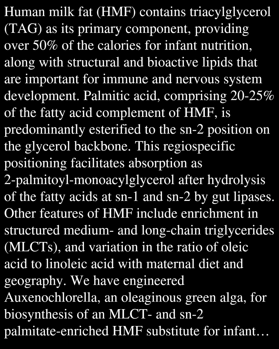 WCBO's tweet photo. Bioengineered algal lipids enriched in structured medium- and long-chain triacylglycerols, linoleate, and sn-2 palmitate for human milk fat substitutes

Lin, J. Y.-T., Duenas, M. A., Kosina, S. M., Iavarone, A. T., Khoo, K., Nicora, C. D., ...
https://t.co/Udl8camHE5 https://t.co/Zuq5pDKFCs
