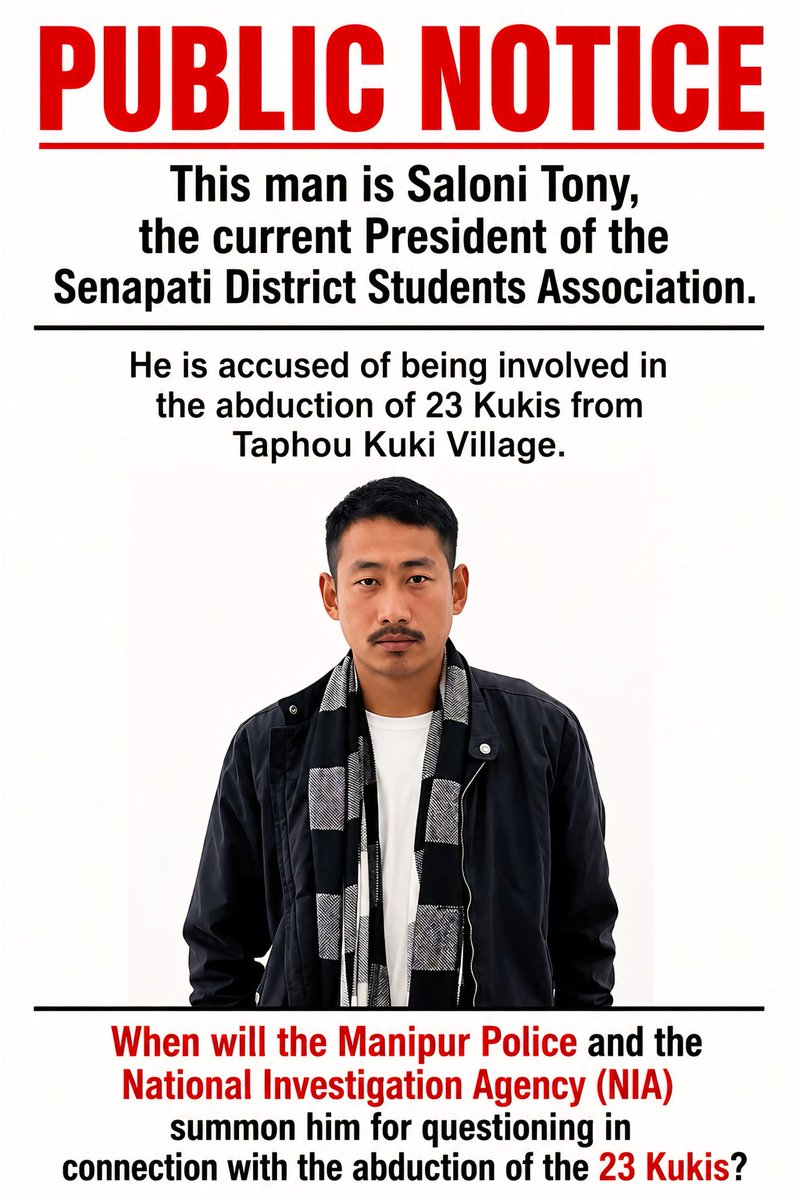 KimmiKhs's tweet photo. Manipur: There is no justification for continuing to kidnap innocent individuals. Don’t mistake targeting the vulnerable as a sign of strength, it’s pure cowardice. The perpetrators NSCN-IM + SDSA, you should be deeply ashamed of these actions. End this COWARDICE 🛑@NIA_India https://t.co/Yn9ITG3ZCY