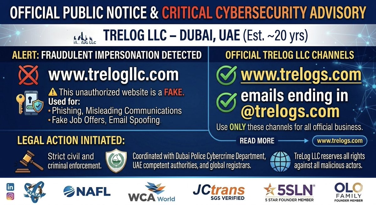 TreLogs's tweet photo. 🚨 OFFICIAL PUBLIC NOTICE &amp; CYBERSECURITY ADVISORY 🚨 —#TreLogLLC award-winning FreighForwarding company with official Website https://t.co/lSwo0jClJG operating for nearly two decades—has issued a critical brand protection on unauthorized website domain (https://t.co/6fb0EvBzei) https://t.co/i2pXeFucQW