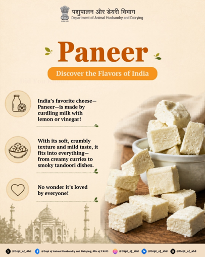 Dept_of_AHD's tweet photo. Paneer
India’s beloved cheese, known for its soft texture, mild flavor, and endless versatility. From rich curries to smoky tandoori dishes, paneer is a favorite in every kitchen.
#FlavorsOfIndia #CheeseEdition #Paneer #IndianCuisine #IndianCheese #DairyHeritage #TasteOfIndia #DAHD
@LalanSingh_1 @mos_fahd_pr @mygovindia @mopr_goi @MoRD_GoI @NDDB_Coop @PIB_India @MIB_India