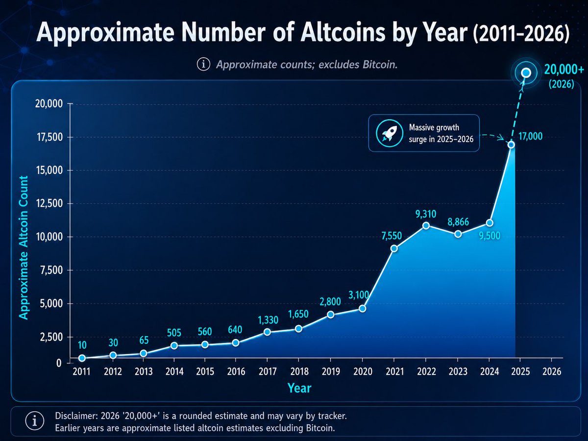 blockhead_mr's tweet photo. Increase in altcoins has lead to a decrease in average altcoin-cycle gains. 🪦🥀

Just speculating…

1. Clarity Act becomes law.
2. 99% of shatcoins start dying off 
3. Money is slowly concentrated into the 1% that benefit from the Clarity Act. 

Clarity begets supercycle…🚀 https://t.co/LwixvuPSPm