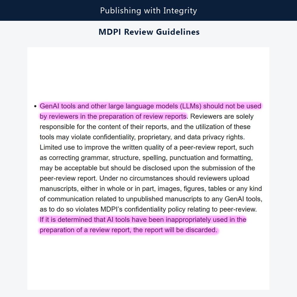 MDPI 审稿指南摘录，写明不应使用 GenAI 工具撰写审稿报告，且不当使用 AI 辅助的报告会被丢弃