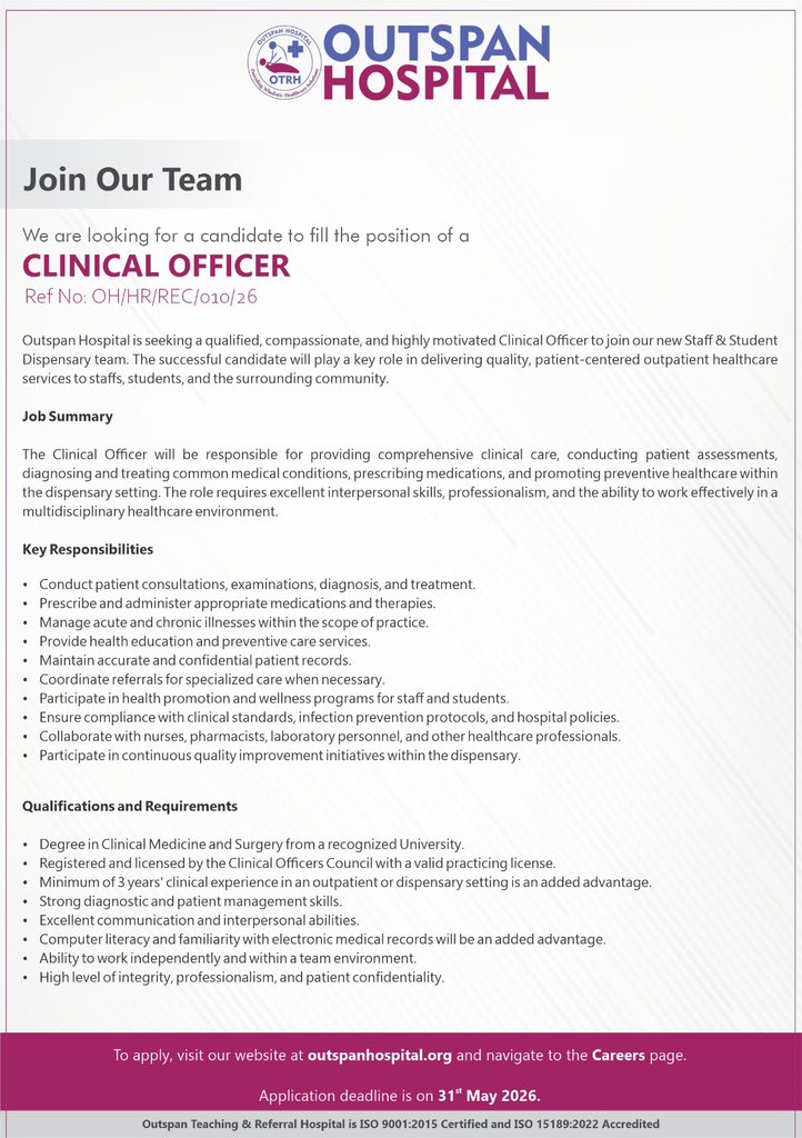 HospitalOutspan's tweet photo. #IKOKAZIOH

We are currently hiring for the following positions:
• Dentist
• General Surgeon
• Dental Assistant
• Clinical Officer

Apply today by visiting our website: https://t.co/UJeZqqwXWl
Navigate to the Careers page to submit your application.

 Deadline: 31st May 2026 https://t.co/OT5i2xbBK1