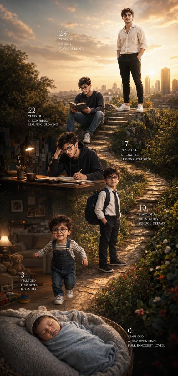 mon010_de's tweet photo. Created on chatGPT 

Prompt:

Ultra-realistic cinematic life journey portrait collage of the same male character evolving through different ages, arranged along a winding stone pathway symbolizing growth and destiny. Emotional storytelling composition with warm golden-hour lighting, soft volumetric sunlight, dreamy atmosphere, realistic skin textures, shallow depth of field, and highly detailed environments.

At the bottom: a peaceful newborn baby wrapped in a soft light-blue blanket, sleeping in a cozy crib inside a dim warm room, labeled “0 years old – A new beginning. Pure. Innocent. Loved.”

Above: a cute 3-year-old toddler taking first steps indoors, smiling happily, wearing denim overalls and striped shirt, toys and soft ambient lighting in the background, labeled “3 years old – First steps. Big smiles.”

Further up the path: a cheerful 10-year-old schoolboy with backpack and formal school uniform standing confidently in a flower-lined pathway, labeled “10 years old – Friendships. School. Dreams.”

Next stage: a thoughtful 17-year-old teenager studying late at a desk under a lamp, wearing a hoodie, emotional and stressed expression, cinematic dark study-room mood, labeled “17 years old – Struggles. Lessons. Strength.”

Next: a focused 22-year-old young man sitting outdoors reading a book on stone steps with a city skyline behind him, casual modern outfit, thoughtful expression, labeled “22 years old – Discovering. Learning. Growing.”

At the top: a confident successful 28-year-old man standing tall on a hill overlooking the city during sunset, elegant cream shirt, black pants, white sneakers, hands in pockets, calm smile, symbolizing achievement and purpose, labeled “28 years old – Dreams. Focus. Purpose.”

Vertical poster composition, seamless transitions between ages, emotional cinematic storytelling, fantasy-realism blend, ultra-detailed, inspirational life progression artwork, realistic faces, soft atmospheric haze, luxury movie-poster aesthetic, 8K quality