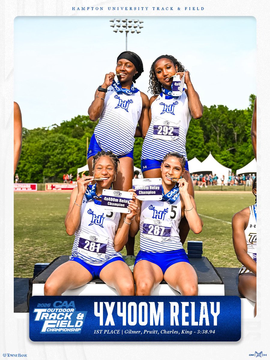 hupirates_track's tweet photo. 2026 OUTDOOR TRACK &amp; FIELD WOMEN’S 4x400m RELAY CHAMPIONS 🏆
Arriah Gilmer, Morgan Pruitt, Brianna Charles, and Kylee King run their way to 1st place in the 4x400m relay at the 2026 Outdoor CAA Track &amp; Field Championships! 💥
#WeAreHamptonU https://t.co/8WgAaHLR83