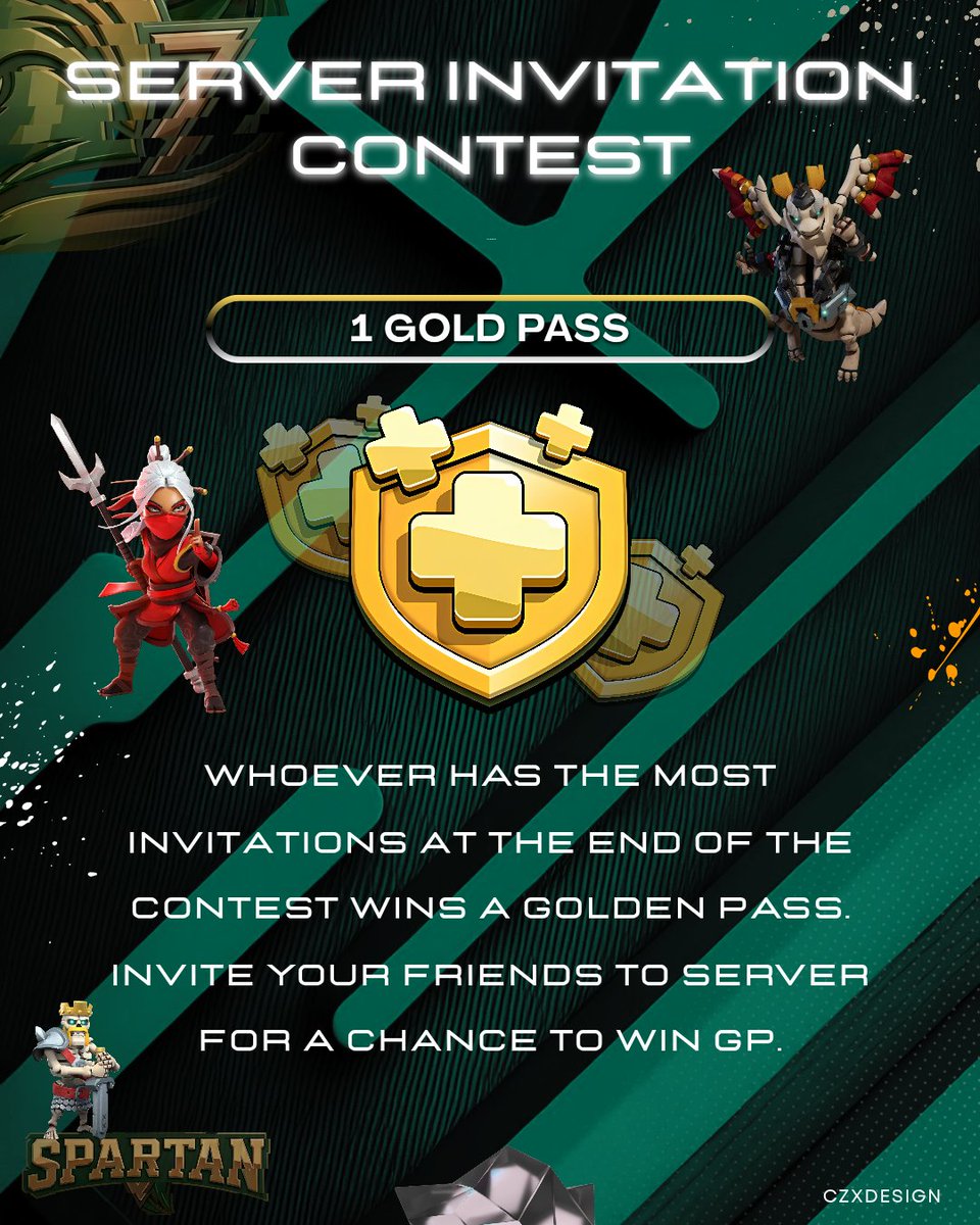 czxdesign's tweet photo. Poster for the invitation contest on the SPARTAN server. I invite you all to participate and compete to see who makes the most invitations. 

https://t.co/tzgzN8DbfM

#poster #viral #contest #discord #clashofclans #goldpass #graphicdesigner #design https://t.co/Jm1EbCXvEl