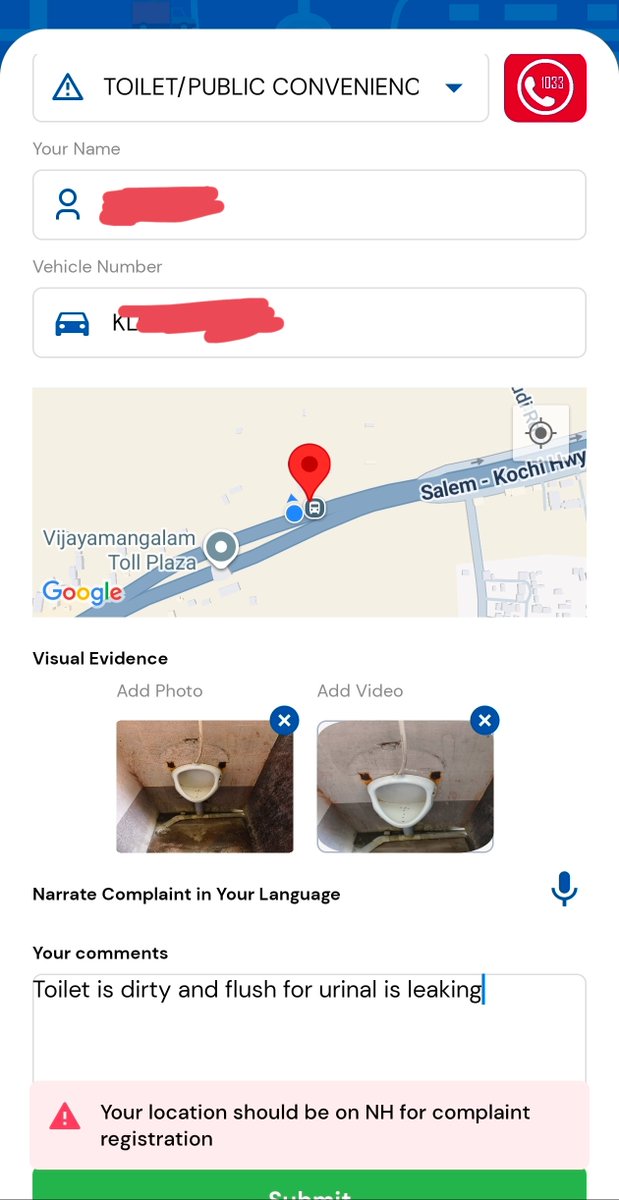 amithes95's tweet photo. The condition of gents washroom (see the pic and video in the Rajmargyatra app screenshot) in Vijayamangalam Toll Plaza, Tamil Nadu. The urinal is not clean and the flush is leaking

Not able to report using the app. Getting error

@NHAI_Official @1033_Helpline @MoHFW_INDIA https://t.co/8Dl5AtPUow