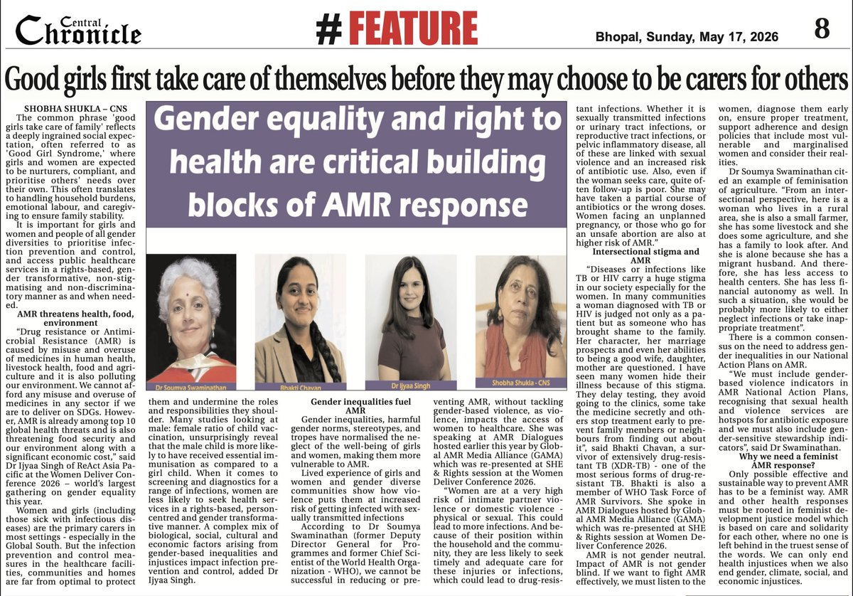 globalamrmedia's tweet photo. #PublishedToday: Gender inequalities &amp; Antimicrobial Resistance: #WomenDeliver Conference 2026 featured insights from Dr Ijyaa Singh @ReActGroup AsiaPacific, Bhakti AMR survivor, Dr Soumya, @Shobha1Shukla

🔶Central Chronicle
https://t.co/pYCfyCEUq7

🔶CNS
https://t.co/OMj1xhnlID https://t.co/i1Oqj0KbfN