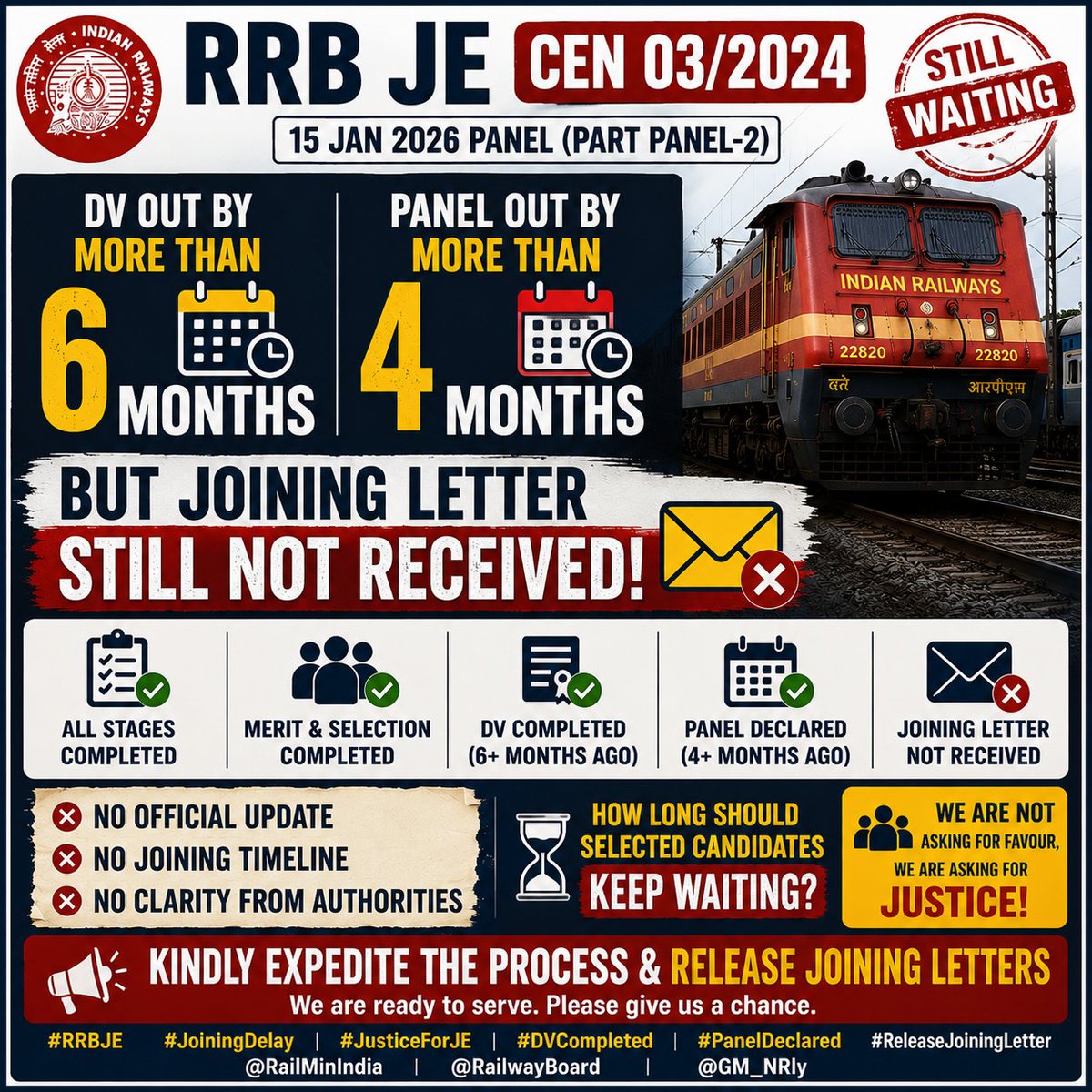 GESWA_BIHAR's tweet photo. #RRBJE Selection completed ✔️
DV completed ✔️
Medical completed ✔️
Panel declared ✔️
But even after 4+ months from panel and 6+ months from DV, joining letters are still awaited.
Requesting early action from the concerned authorities.
#JusticeForJE #JoiningDelay
@RailMinIndia https://t.co/heOXbYCBSt