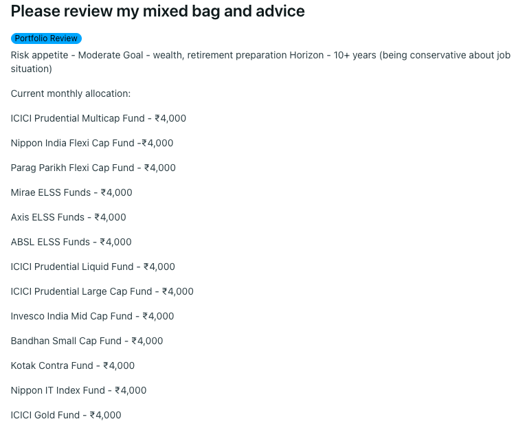 mfundaDotCom's tweet photo. Most Indian mutual fund portfolios become messy for one reason.

People keep buying “good funds” instead of building a portfolio

Three ELSS funds and multiple flexi caps rarely improve returns
They just increase overlap and confusion

A simple 3 to 5 fund setup beats constant fund collecting over 10 years

Join https://t.co/y2hgYAdopU to solve all this confusion today !
