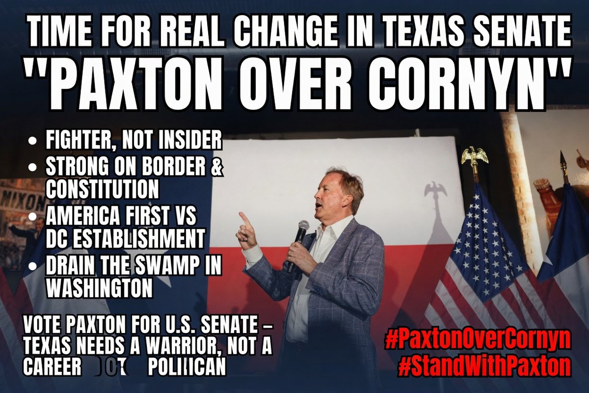 BOKBomber's tweet photo. Texas deserves a fighter in the U.S. Senate — not another career politician who's been in Washington for decades.

Ken Paxton has taken on the Biden admin, Big Tech, and federal overreach. 

John Cornyn represents the DC establishment.

It's time to send a real America First conservative to the Senate.

Paxton over Cornyn. 
Texas needs warriors, not insiders.

#PaxtonForSenate #StandWithPaxton