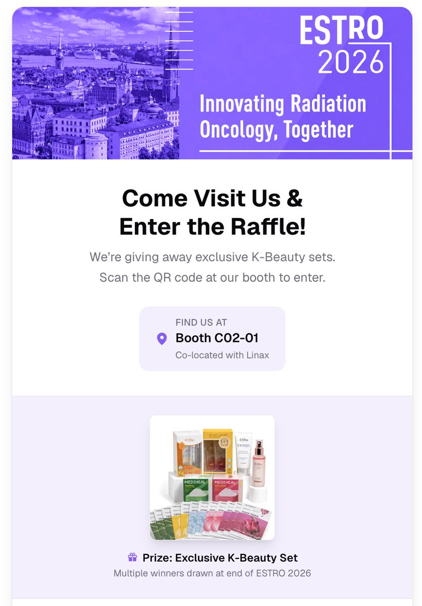 AyniHealth's tweet photo. #ESTRO26 Day 3 -  come see us at the Linax Technologies Ltd booth and grab a demo of AyniHealth to enter the draw to win some very good K-Beauty products. 

Our solutions are your online partner in innovation.

#innovatingtogether #radonc #radiationoncology https://t.co/hhyVsuSsVf