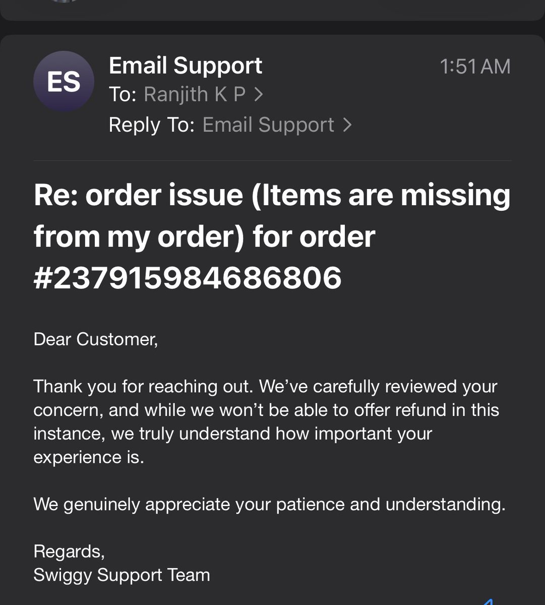 Ran_BLR's tweet photo. Shameful. @SwiggyCares claims they "carefully reviewed" my case but sent a bot template to deny a refund for food their rider left at the restaurant. Paid ₹822, got cheated with zero human support. Did you even call the restaurent?Order #237915984686806 https://t.co/PraJd8vSWp