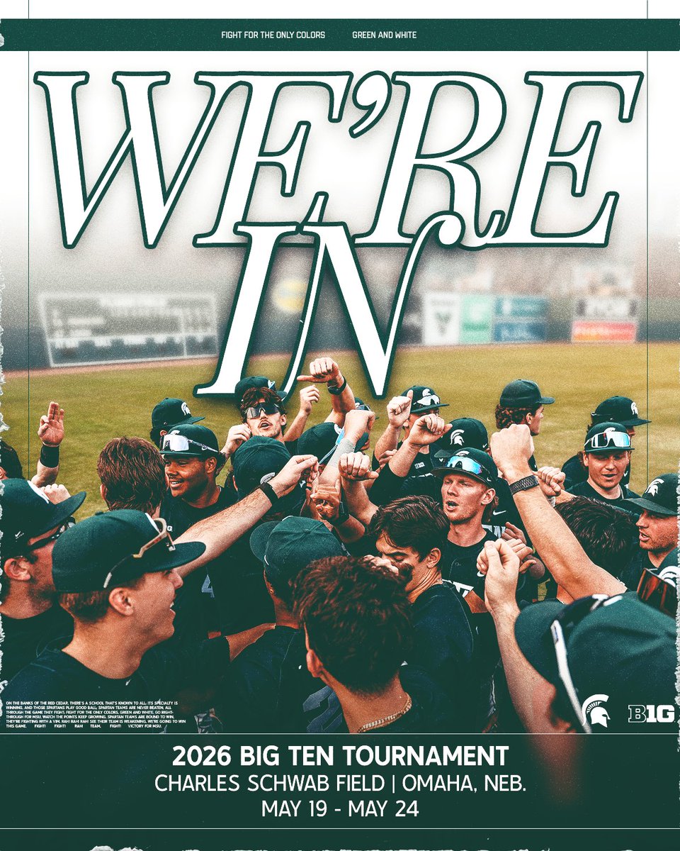MSUBaseball's tweet photo. The Spartans will be the No. 12 seed in the 2026 @B1Gbaseball Tournament and will face No. 5 seed Purdue Tuesday morning!!

#GoGreen | #B1GBaseball https://t.co/Fv2Ohaf8pj