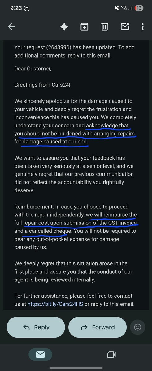 darshanmc's tweet photo. @Cars24Support Hilarious email, @Cars24Support! 🤡

Line 1: "You shouldn't be burdened with arranging repairs."

Line 2: "Please arrange repairs &amp; send the bill."

Make it make sense! When are YOU fixing YOUR mess? @vikramchopra @cars24india https://t.co/2V3qq7ok3u